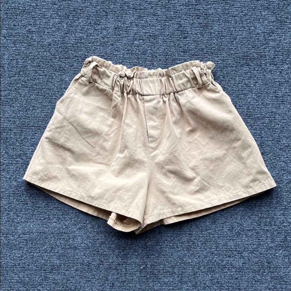 High-Waist Paperbag Shorts — Neutral Tan